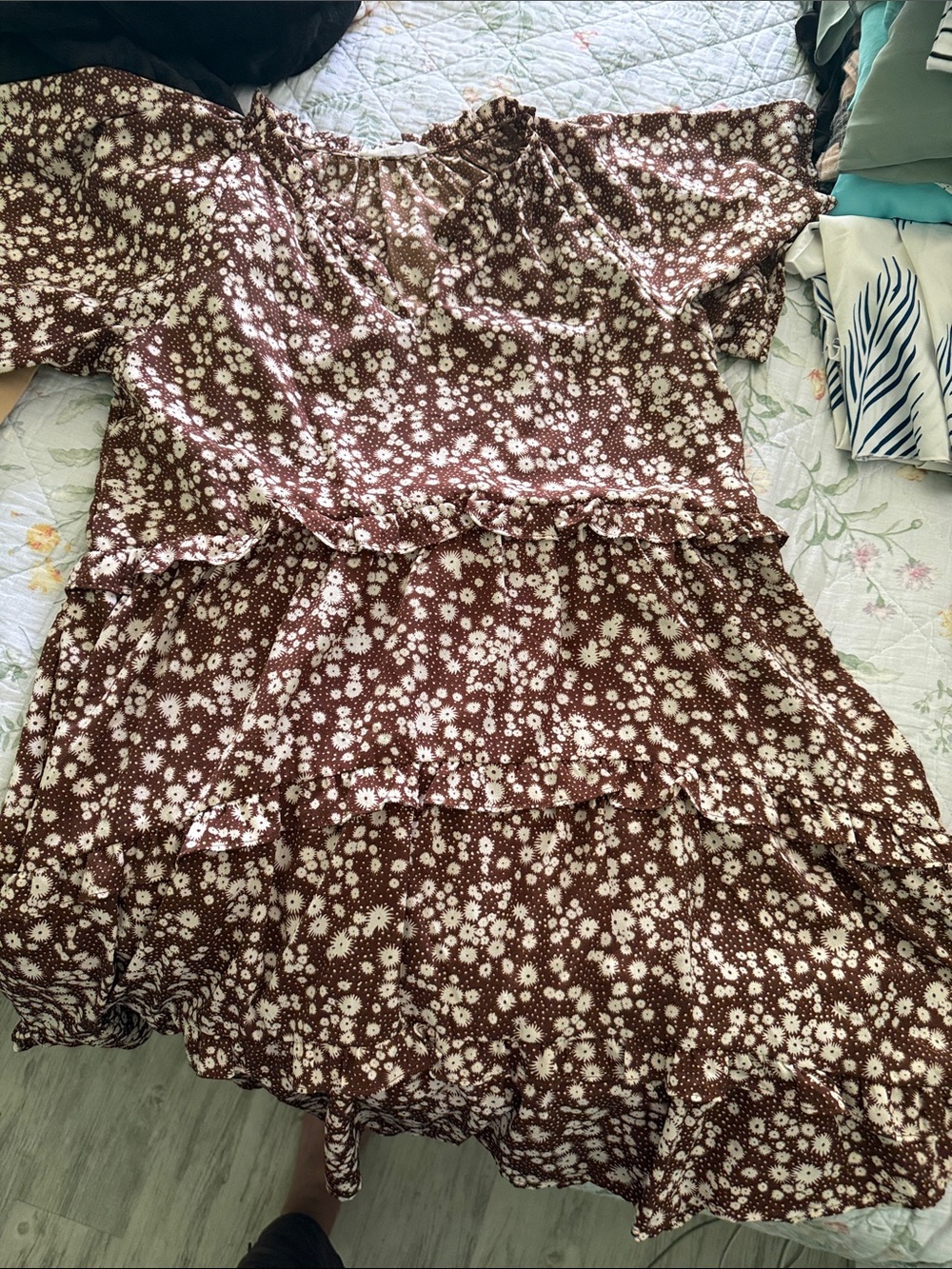Brown Floral Ruffle Tiered Women's Dress